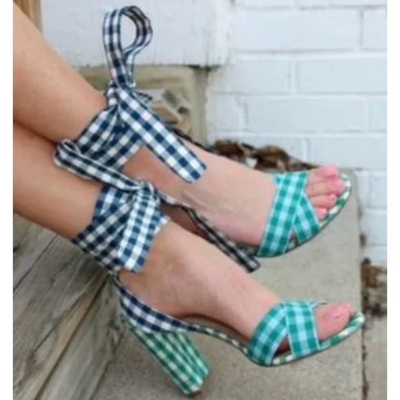 J.Crew Charlotte Mixed Gingham Poplin Heeled Sandals With Ankle Wrap, size 9.5 - Picture 1 of 16